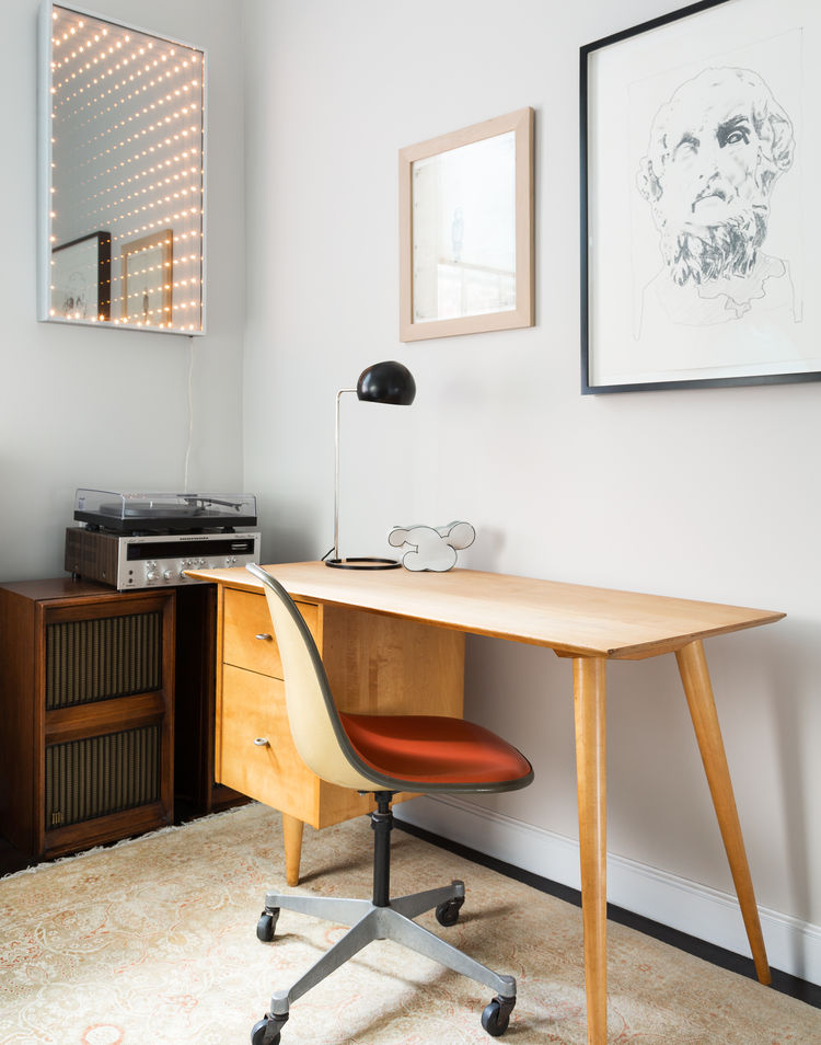 mid century modern home office is decorated with unique Lighted Mirror