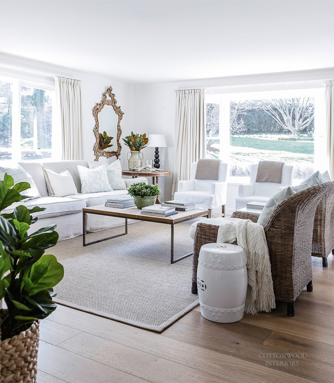 white living room with rustic touches