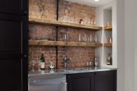 12 basement bar with a brick backsplash and open shelving