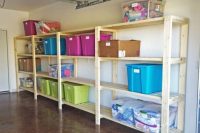 13 wooden shelving with plastic bins for storage