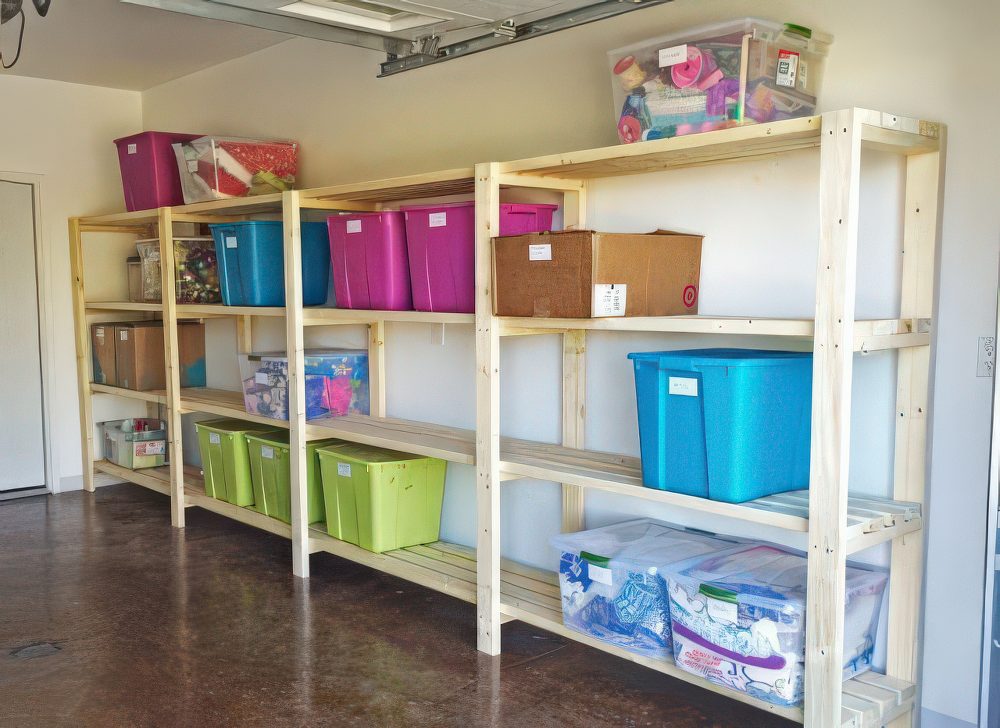 wooden shelving with plastic bins for storage