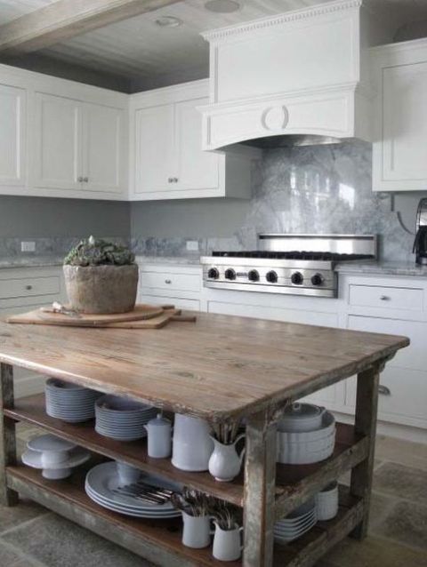 kitchen island with open dishes storage