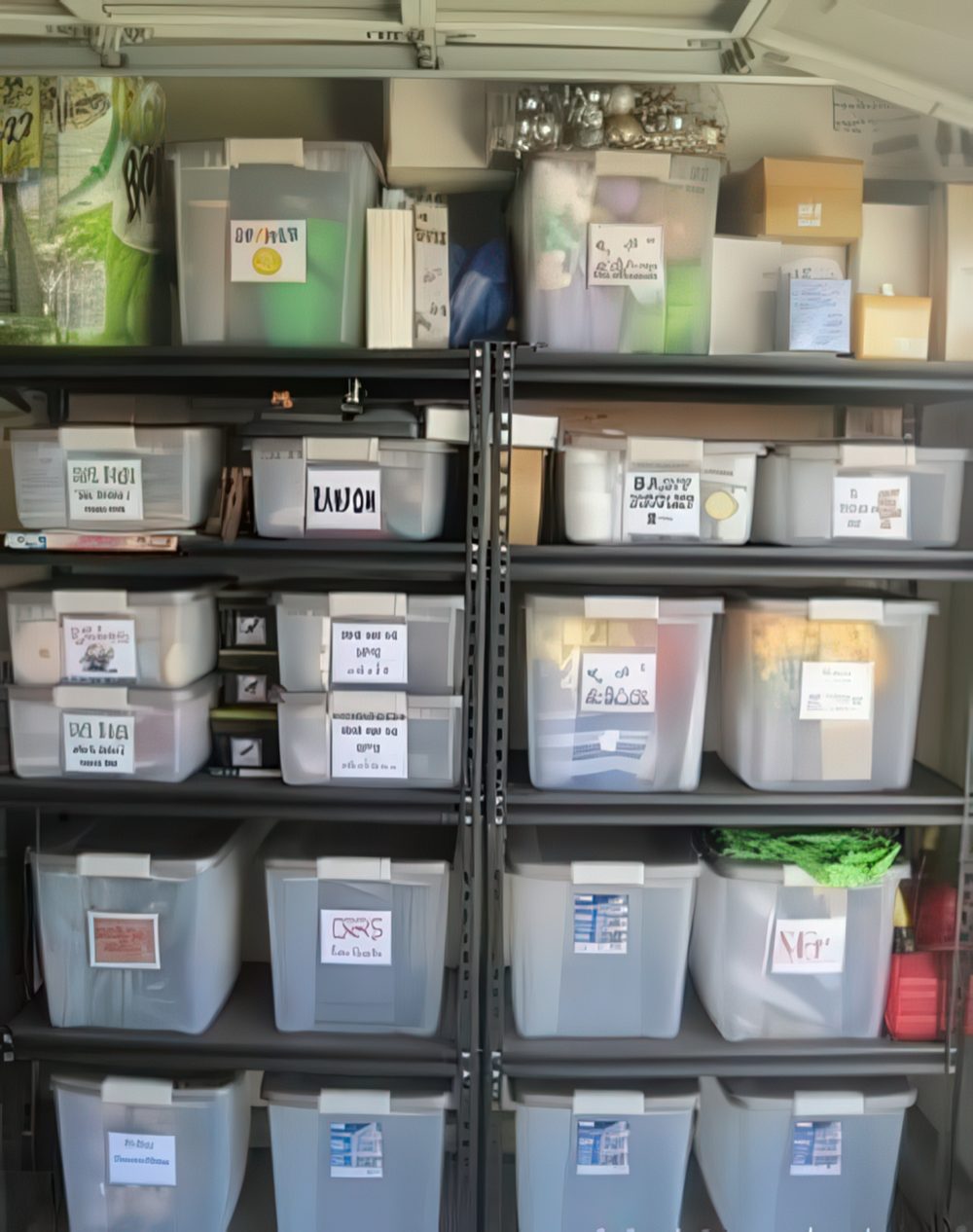 metal framed shelving with plastic tubs