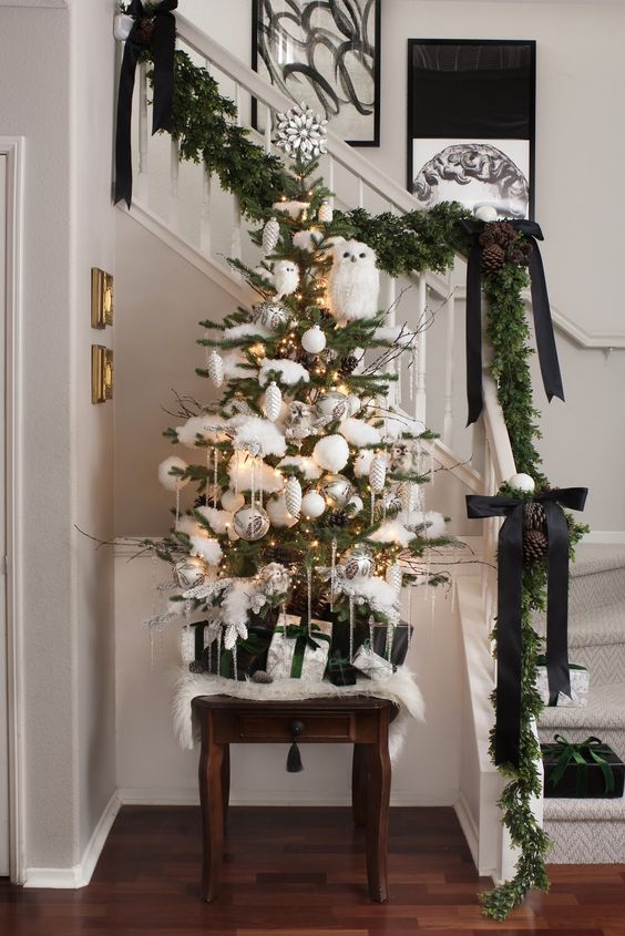 a beautiful and frozen tabletop Christmas tree decorated with faux snow, silver and white ornaments and some owls looks wow