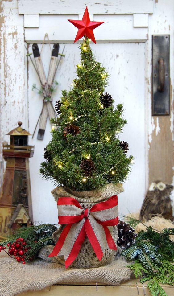 a pretty and simple tabletop Christmas tree decorated with lights, pinecones, with a star topper and a burlap sack with a bow