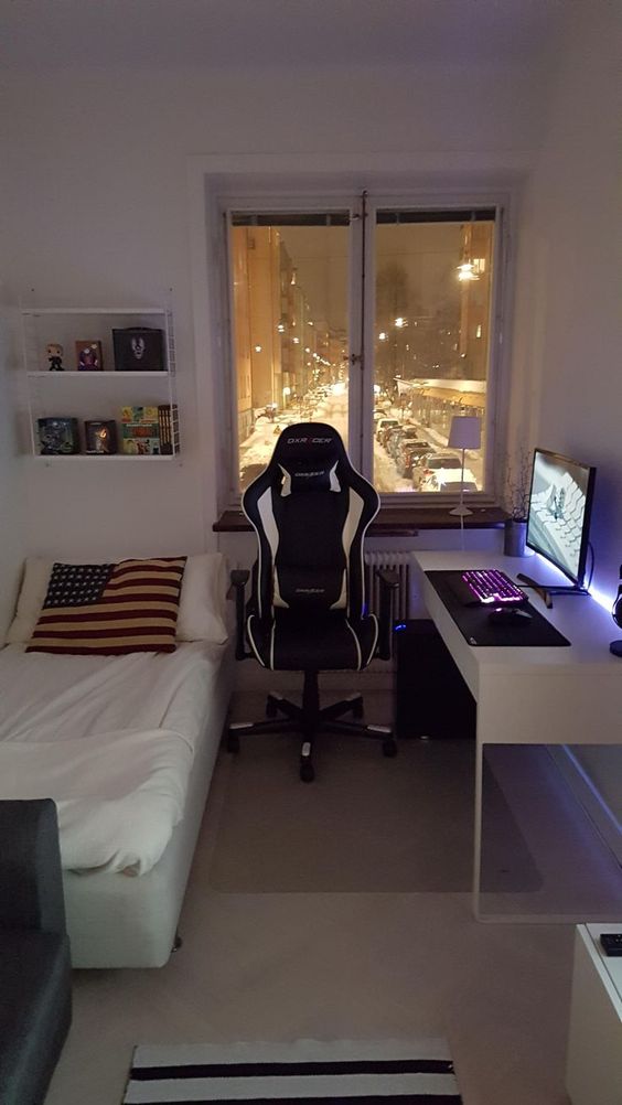 a small teen room with a bed and a shelf in one corner, a small desk and a chair in the other, a leather sofa is cool and simple