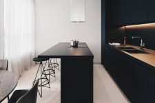 a minimalist black kitchen with built-in lights, a matte kitchen island and a white hood is a stylish and chic idea to rock