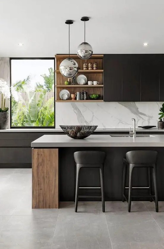 a super refined contemporary kitchen with sleek black cabinets, stained wood elements, white stone coutnertops and a backsplash