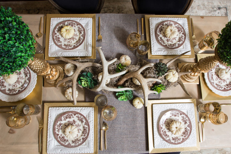 Cover your table with a tablecloth or runner in a natural material like linen, burlap or wool tweed. It works perfectly for rustic tablescapes.