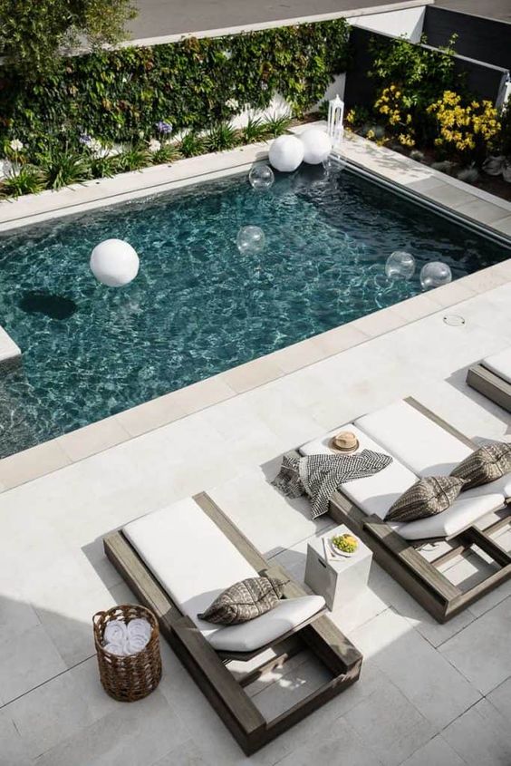 a contemporary outdoor space with a plunge pool, wooden loungers, a living wall and some blooms is cool