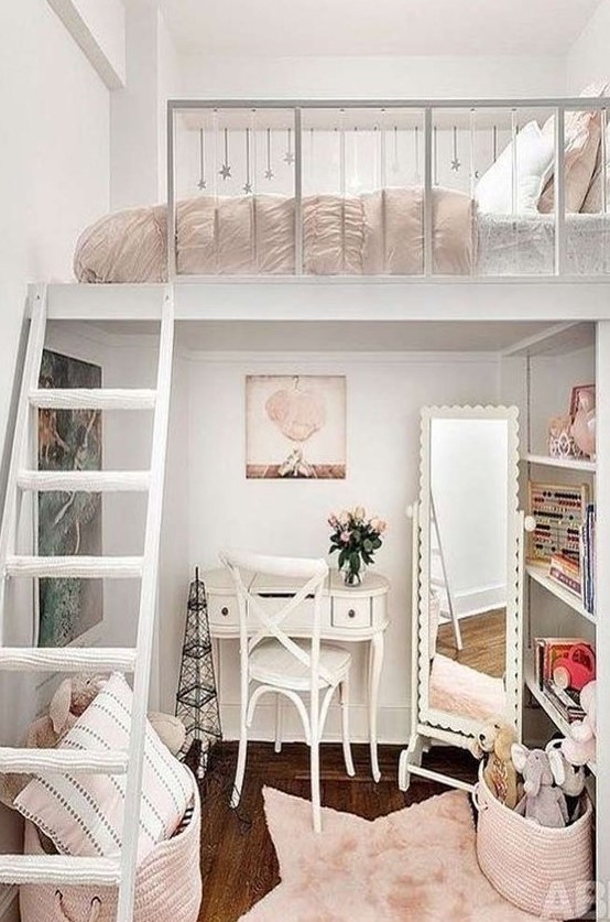 a creative Parisian teen bedroom with a loft bedroom, a tiny desk and a chair, a floor mirror and built in shelves