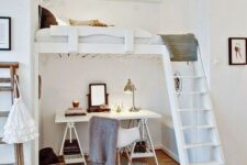 a light-filled contemporary teen bedroom with a working space below and a sleeping one above