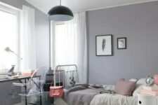 a modern grey and lilac teen girl bedroom with eclectic furniture, neutral textiles and a pendant lamp