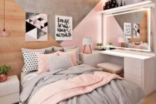 a modern teen girl bedroom with grey and pink decor, wih graphic artworks, neon lights and built-ins