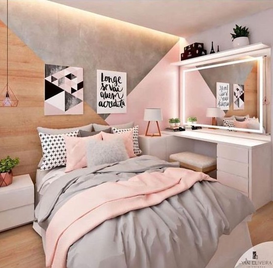 a modern teen girl bedroom with grey and pink decor, wih graphic artworks, neon lights and built-ins