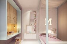 a pretty white and pink teen girl bedroom with a polka dot wall, pink textiles, a box-shaped studying zone with creative storage