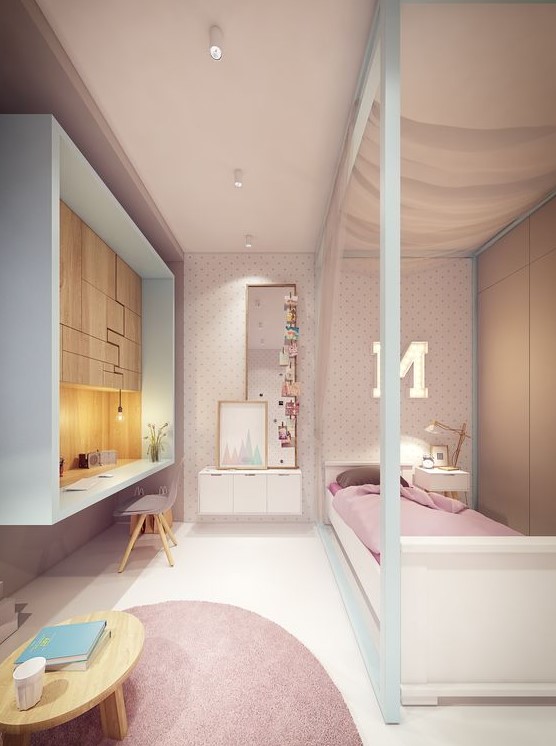 a pretty white and pink teen girl bedroom with a polka dot wall, pink textiles, a box shaped studying zone with creative storage