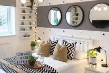 a stylish and playful teen girl bedroom in white, grey and black, with tan touches, geometric prints and greenery