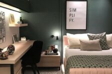 a stylish teen girl bedroom in hunter green and blush, with built-in storage, lights and cool printed textiles