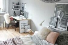 a sweet teen girl bedroom in grey, black, white and blush, with a studying and sleeping zone and a fluffy lamp