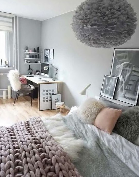 a sweet teen girl bedroom in grey, black, white and blush, with a studying and sleeping zone and a fluffy lamp