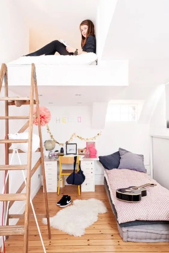 a lovely teen room with a loft bed