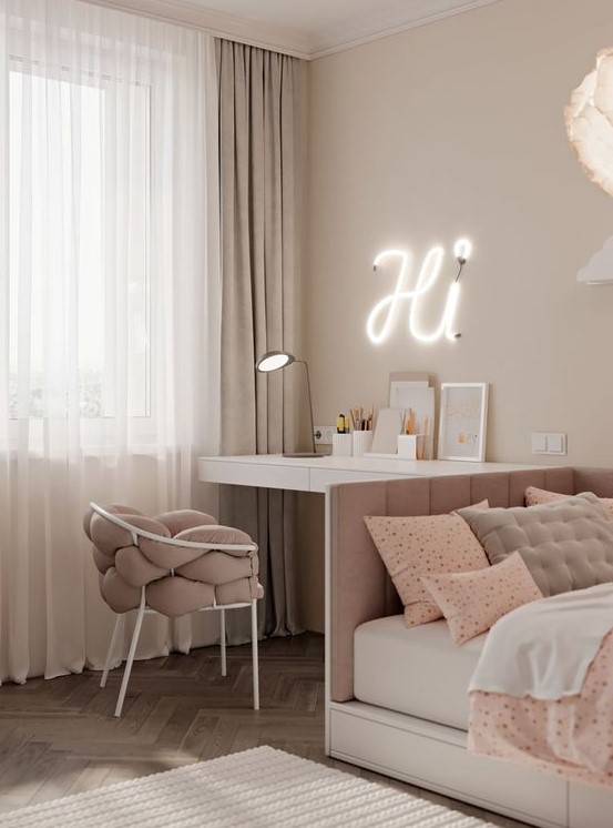 a beautiful white and dusty pink teen girl bedroom with various printed textiles, a neon light and a table lamp