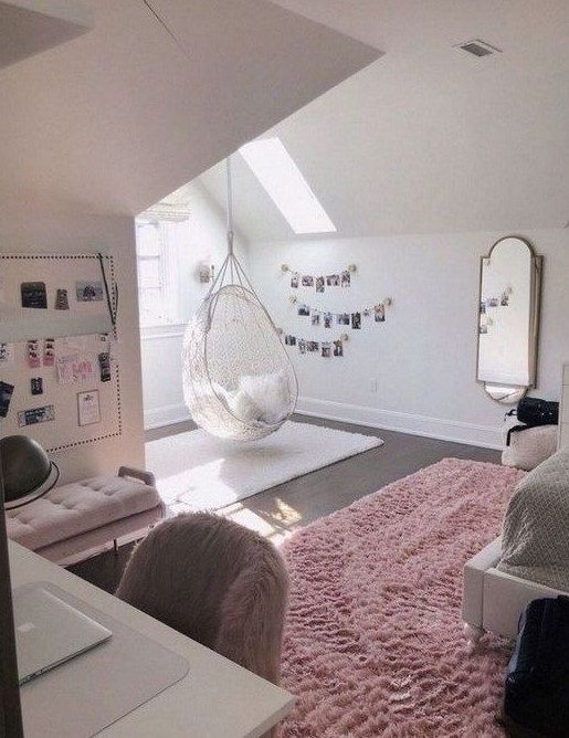 a delicate teen girl bedroom with skylights, blush and pink touches, photos, faux fur and grey touches