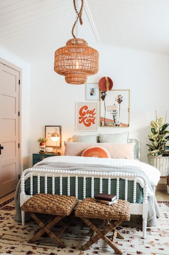 a mid-century modern girl bedroom with a white bed and pastel bedding, woven stools, green nightstands, a woven lamp and a gallery wall