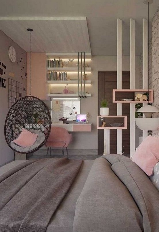 a stylish grey and pink teen girl bedroom with studying and sleeping zones separated with a pendant chair and built-in lights