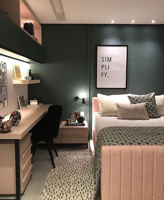 a stylish teen girl bedroom in hunter green and blush, with built-in storage, lights and cool printed textiles