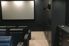 a catchy and contrasting home theater with graphite grey paneled walls, a screen, black leather chairs and storage units along the wall