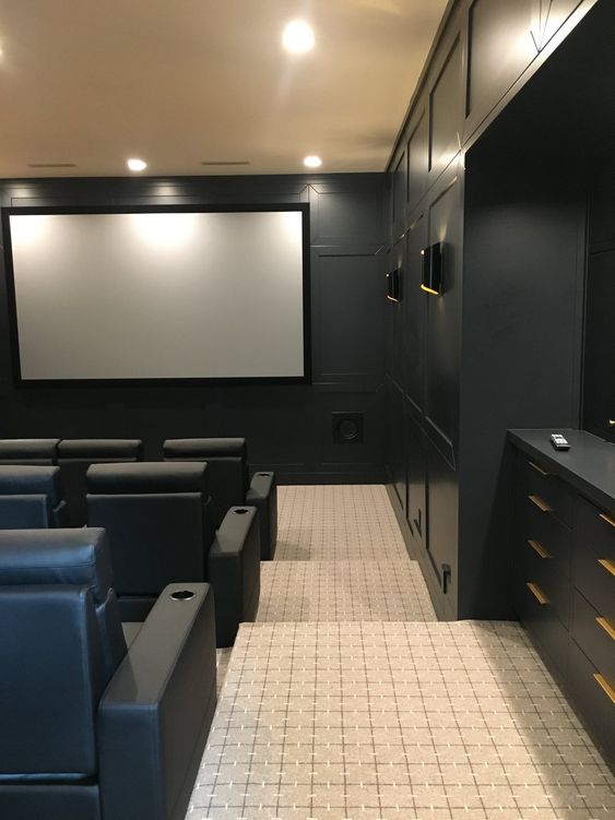 a catchy and contrasting home theater with graphite grey paneled walls, a screen, black leather chairs and storage units along the wall