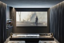 a home cinema with a small bar