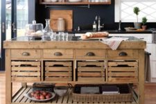 rustic looking kitchen island with storage crates