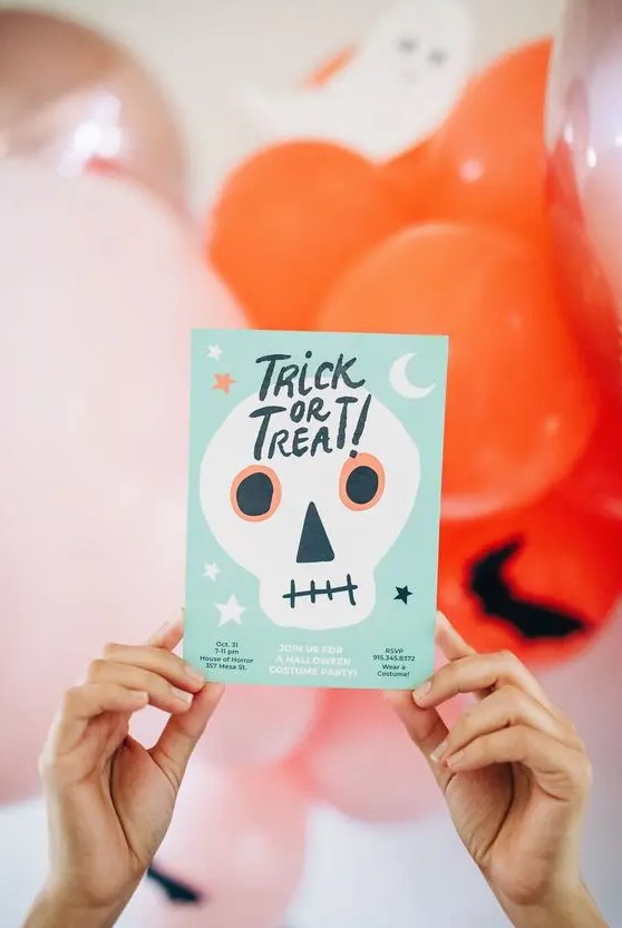 a simple and bright Halloween invitation in mint, black and white is a cool solution for a modern and colorful Halloween party