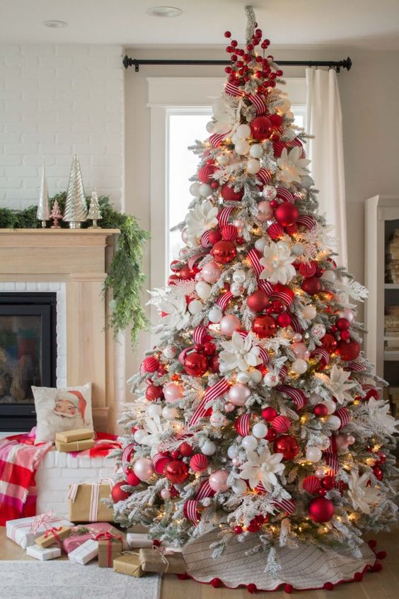 a gorgeous Christmas tree decorated with white, pink and red ornaments, red and white ribbons, berries and faux blooms