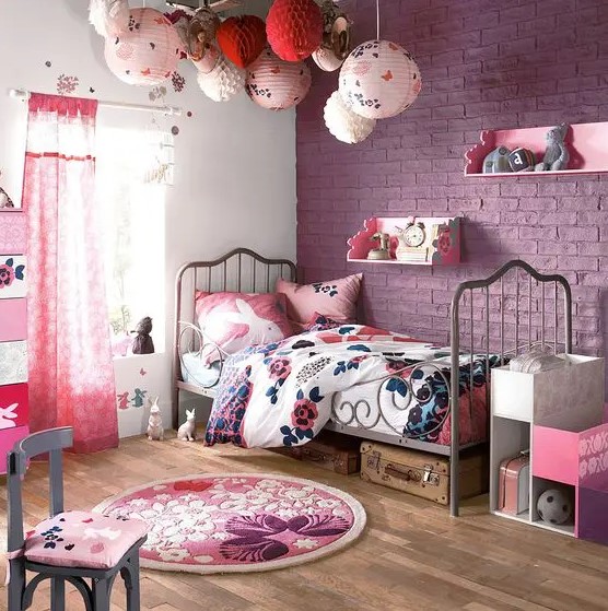 a pink exposed brick wall is an original take on traditional brick walls