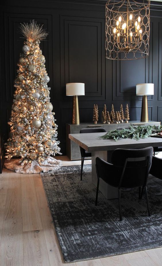 a silver Christmas tree decorated with lights and various silver ornaments is a perfect idea for a winter wonderland space