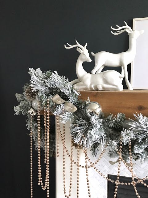 a snowy evergreen garland with silver ornaments, pinecones and gold beads is a chic and refined decor idea for the holidays