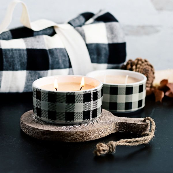 gorgeous pumpkin spice double wick candles with buffalo check on the outside are perfect for fall and Thanksgiving decor