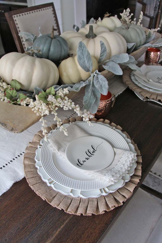 vintage white plates, a burlap placemat, a small clay plate with Thankful print on top will create a great Thanksgiving place setting