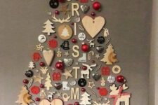 a Christmas tree wall art composed of wooden and usual ornaments, letters and beads is an awesome decoraiton for a modern space