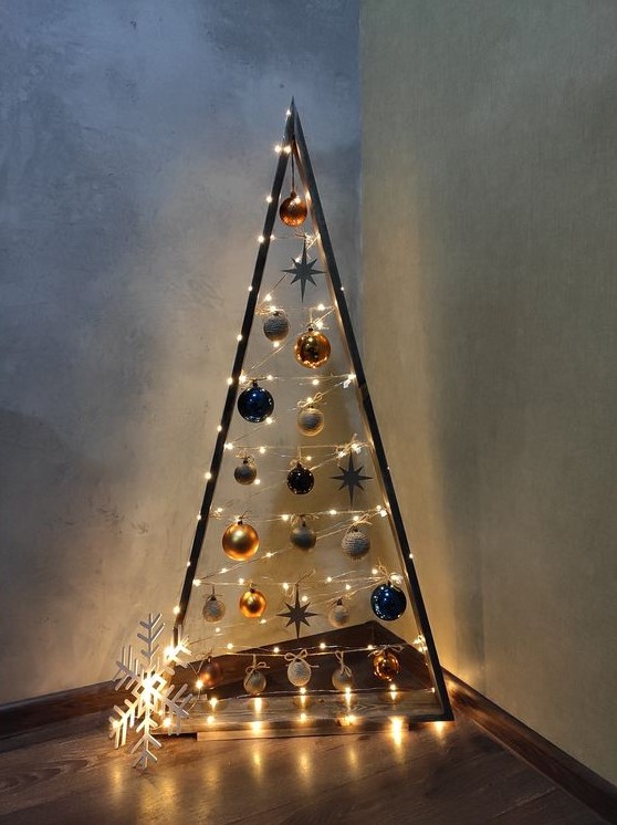 a frame Christmas tree with lights and various ornaments will be a beautiful alternative to a usual Christmas tree