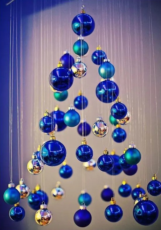 a small Christmas tree of matte and shiny blue ornaments and little silver ones is a whimsy and creative DIY idea
