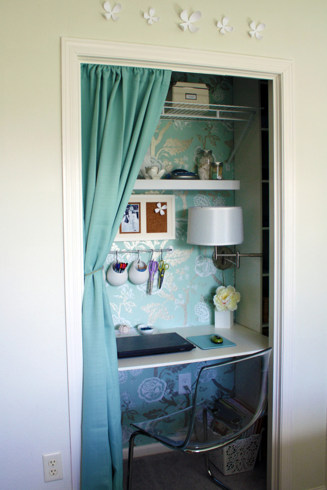 A simple curtain could hide your closet working corner when necessary.