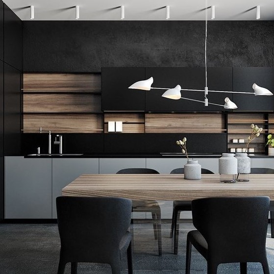 a minimalist kitchen in black, grey and with light-colored wood is very stylish and bold