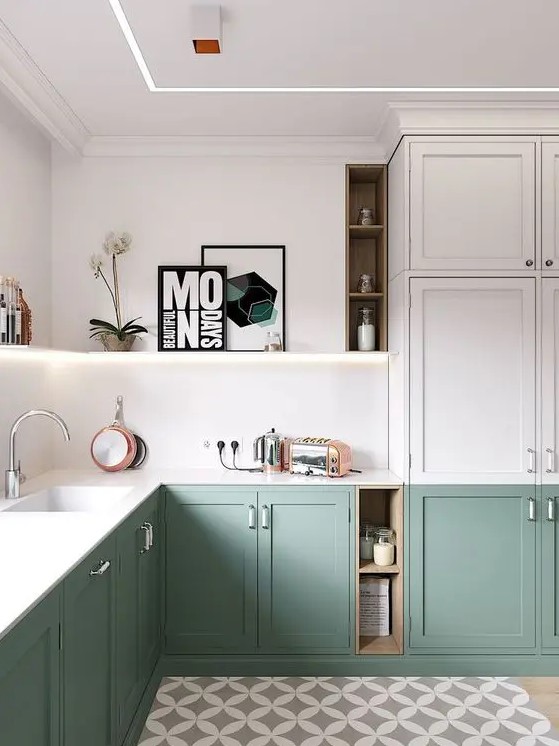 a modern two-tone L-shaped kitchen with built-in light and white stone countertops is a chic space