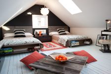 rustic neutral-gender attic teen bedroom design with a cool movable table