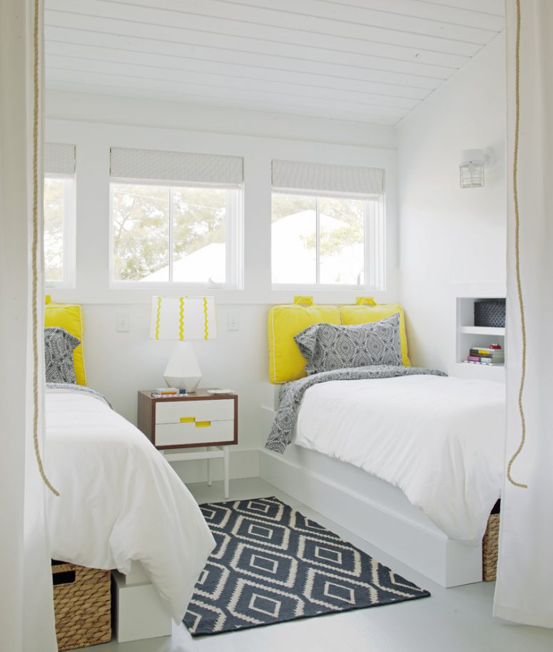 small loft-like shared bedroom design in white